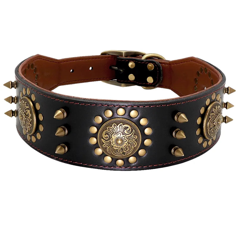 Leather dog collar with studs and metal decorations for large dogs