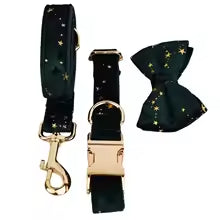 Luxurious dog collar with lead and bow tie - velvet design with star pattern for festive occasions