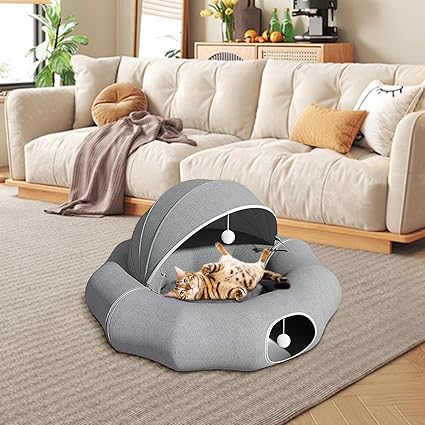 Cosy bed for cats and small dogs with removable roof and play tunnel
