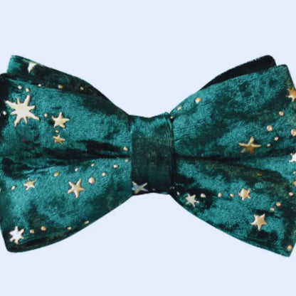 Luxurious dog collar with lead and bow tie - velvet design with star pattern for festive occasions