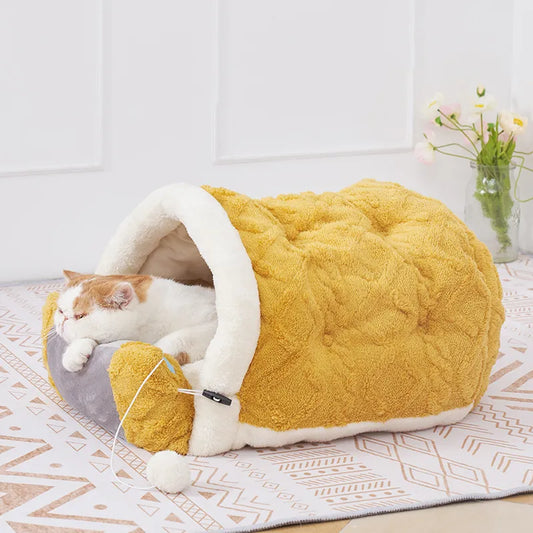 Cat bed in cushion design with toy for cosy rest breaks