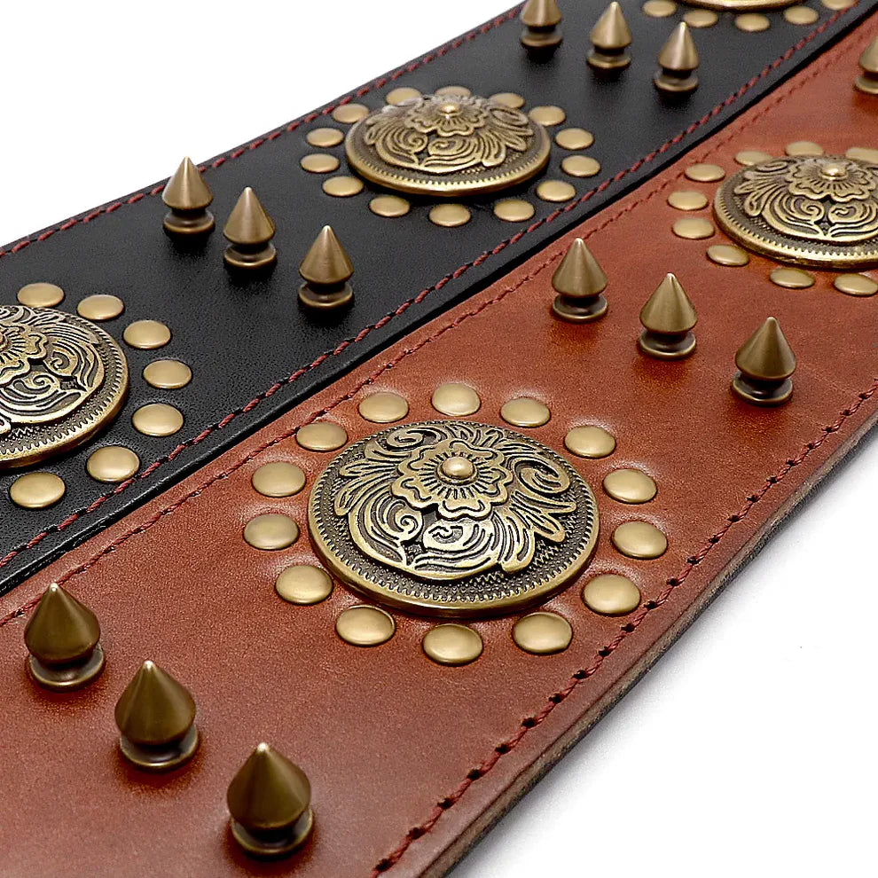 Leather dog collar with studs and metal decorations for large dogs