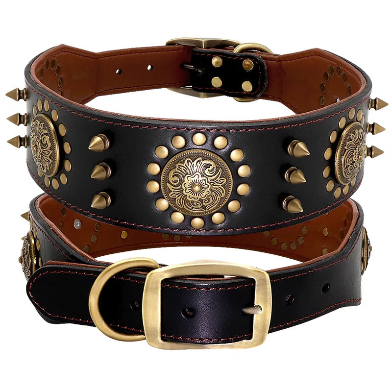 Leather dog collar with studs and metal decorations for large dogs