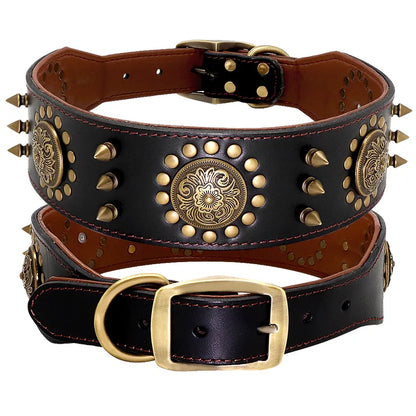 Leather dog collar with studs and metal decorations for large dogs