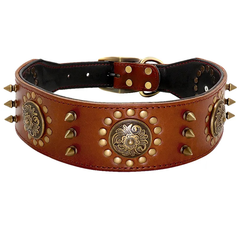 Leather dog collar with studs and metal decorations for large dogs