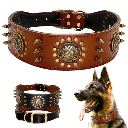 Leather dog collar with studs and metal decorations for large dogs