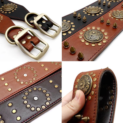 Leather dog collar with studs and metal decorations for large dogs