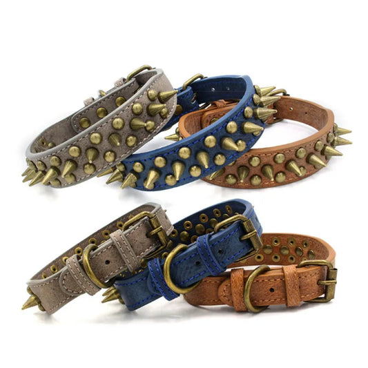 Leather dog collar with studs and spikes in 3 colours