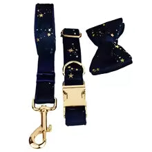 Luxurious dog collar with lead and bow tie - velvet design with star pattern for festive occasions