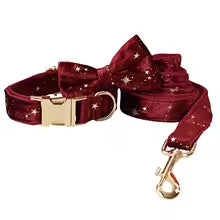 Luxurious dog collar with lead and bow tie - velvet design with star pattern for festive occasions