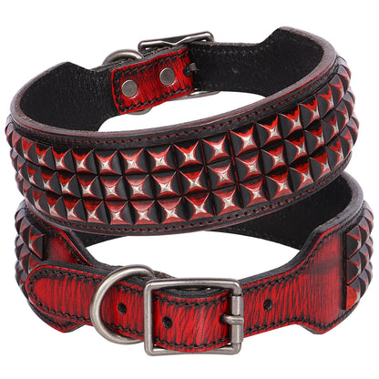 2inch Wide Luxury Genuine Leather Dog Collar Durable Metal Rivet Collars