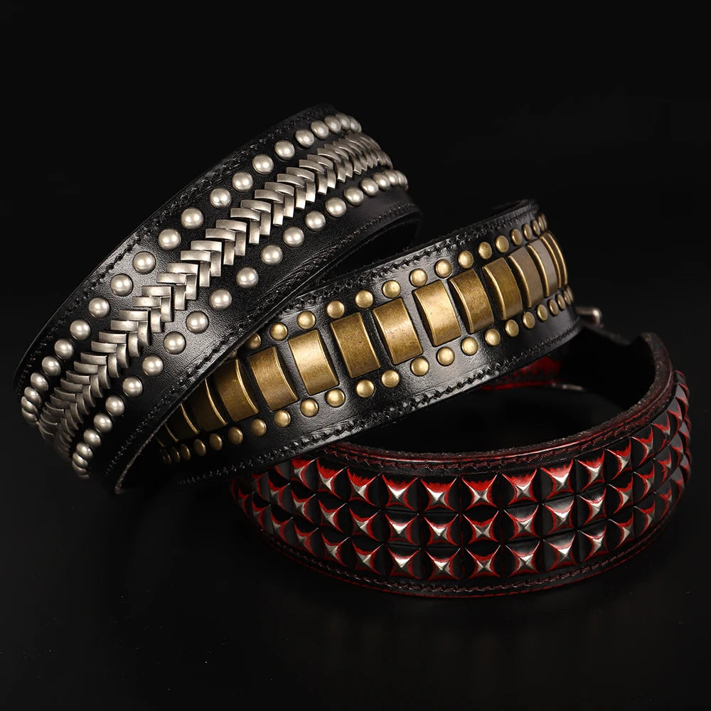 2inch Wide Luxury Genuine Leather Dog Collar Durable Metal Rivet Collars
