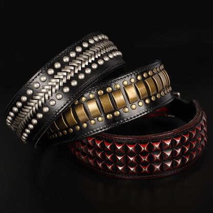 2inch Wide Luxury Genuine Leather Dog Collar Durable Metal Rivet Collars