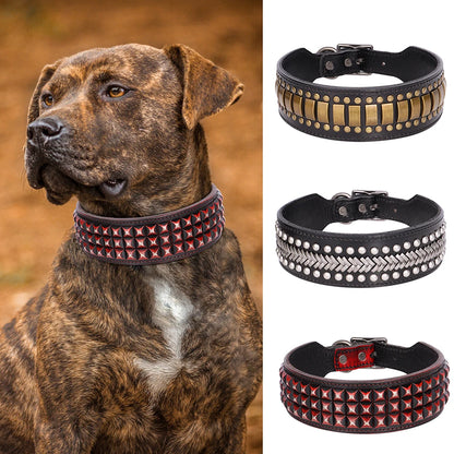 2inch Wide Luxury Genuine Leather Dog Collar Durable Metal Rivet Collars
