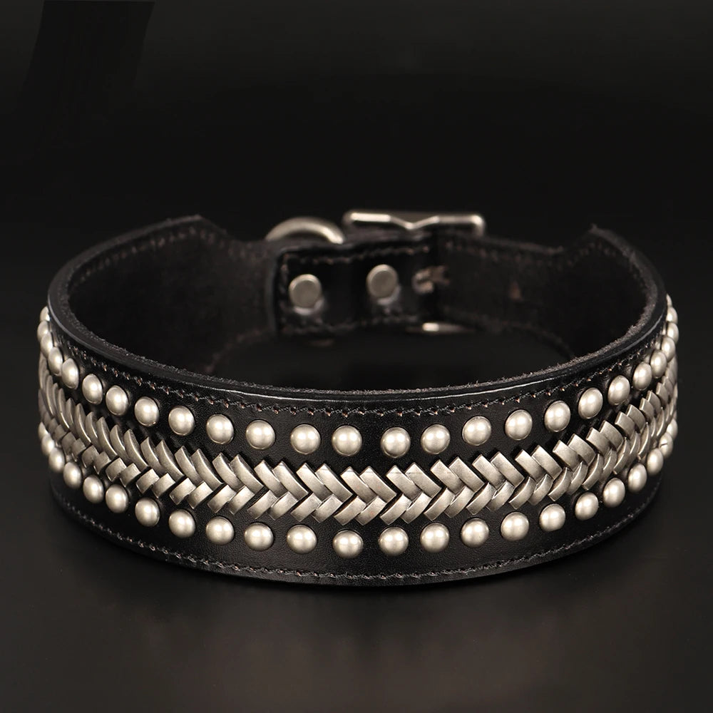 2inch Wide Luxury Genuine Leather Dog Collar Durable Metal Rivet Collars