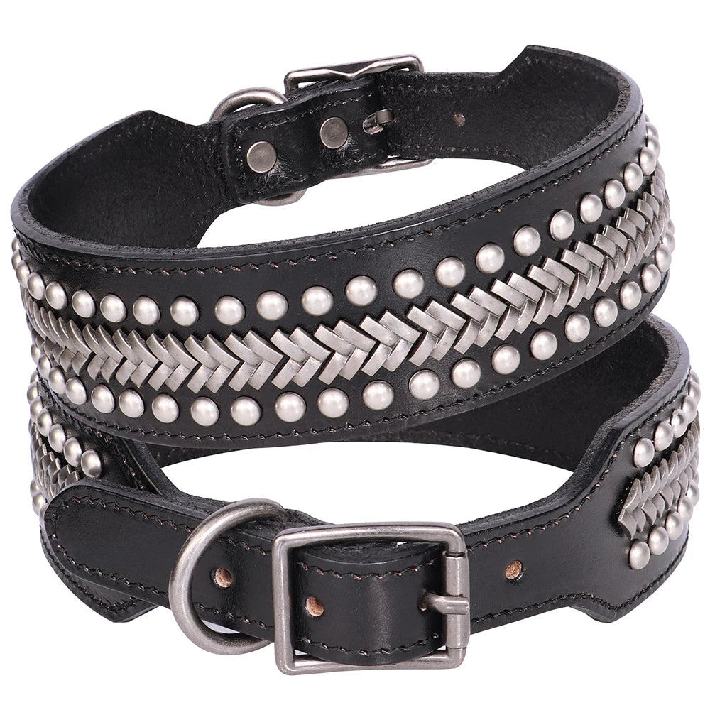 2inch Wide Luxury Genuine Leather Dog Collar Durable Metal Rivet Collars