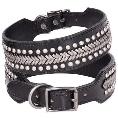 2inch Wide Luxury Genuine Leather Dog Collar Durable Metal Rivet Collars