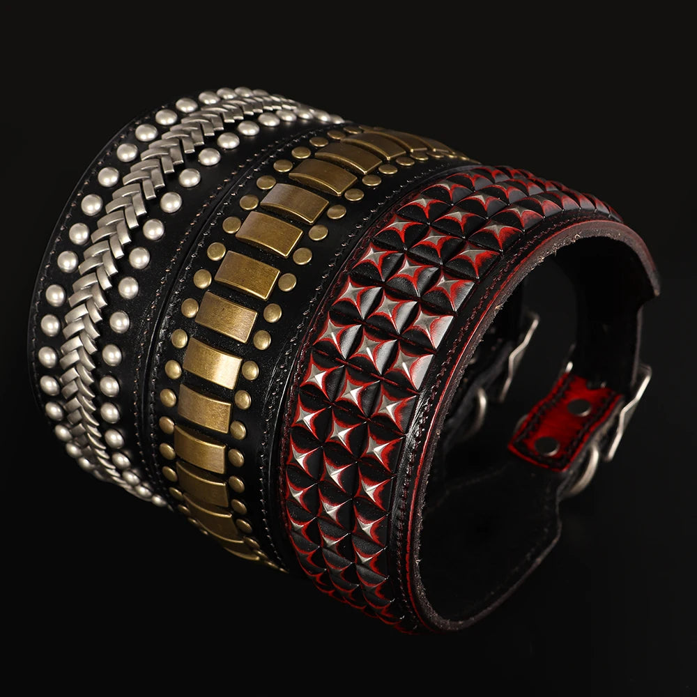 2inch Wide Luxury Genuine Leather Dog Collar Durable Metal Rivet Collars