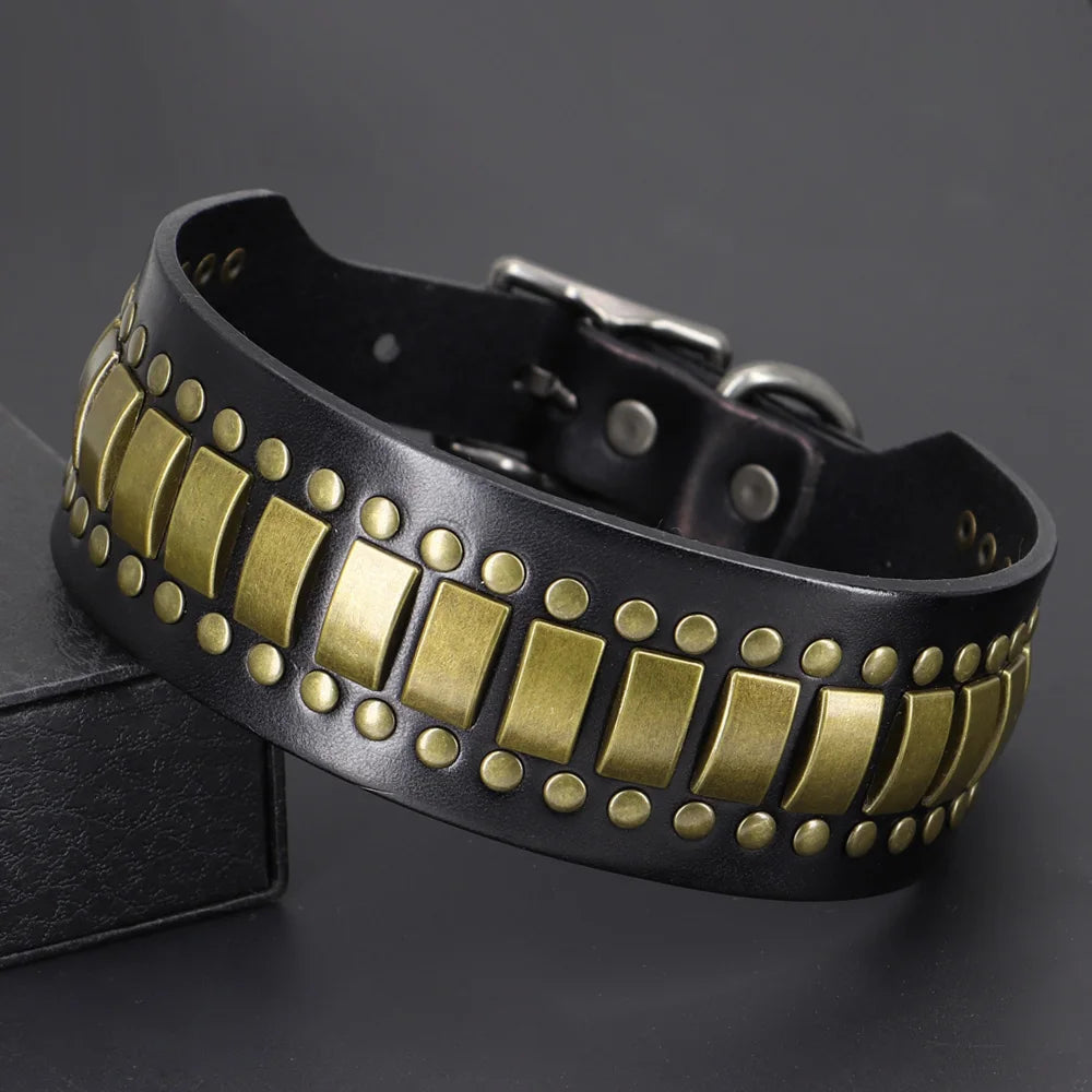 2inch Wide Luxury Genuine Leather Dog Collar Durable Metal Rivet Collars