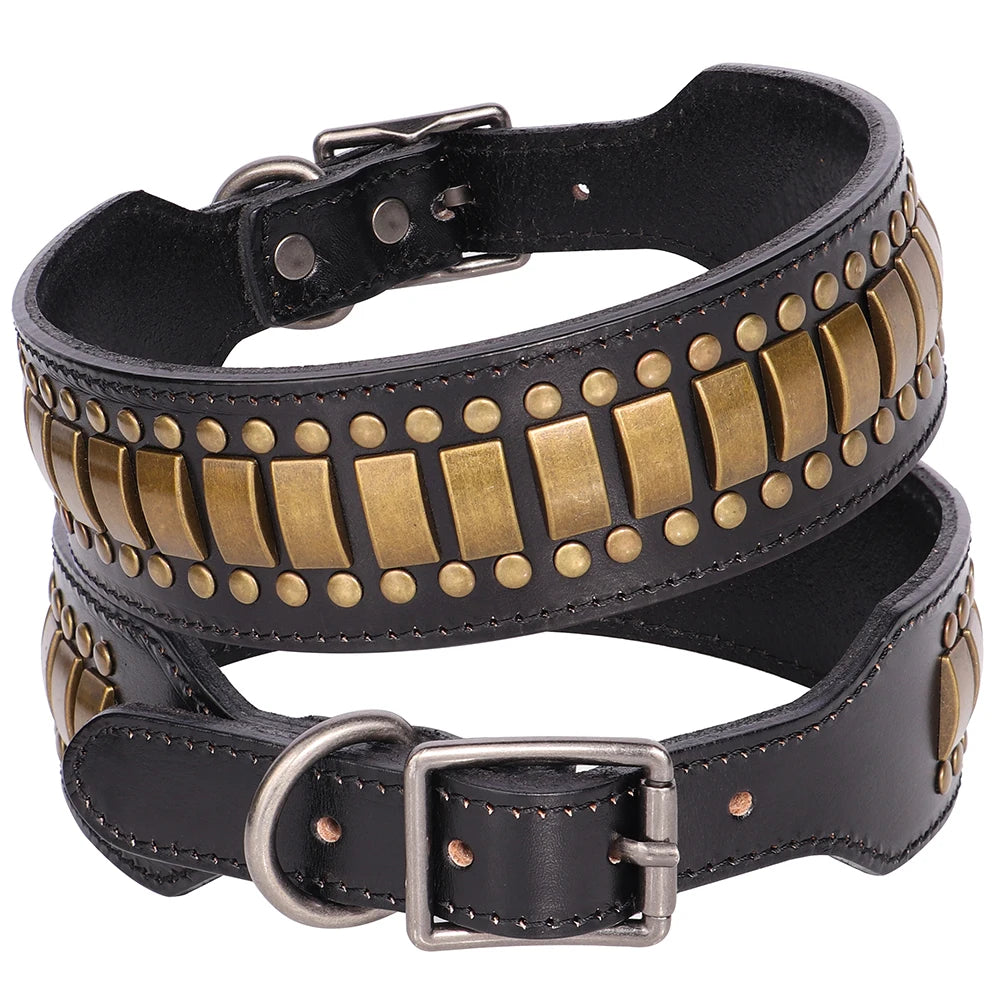 2inch Wide Luxury Genuine Leather Dog Collar Durable Metal Rivet Collars