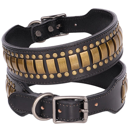 2inch Wide Luxury Genuine Leather Dog Collar Durable Metal Rivet Collars