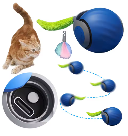 Rolling toy for cats with feather tail